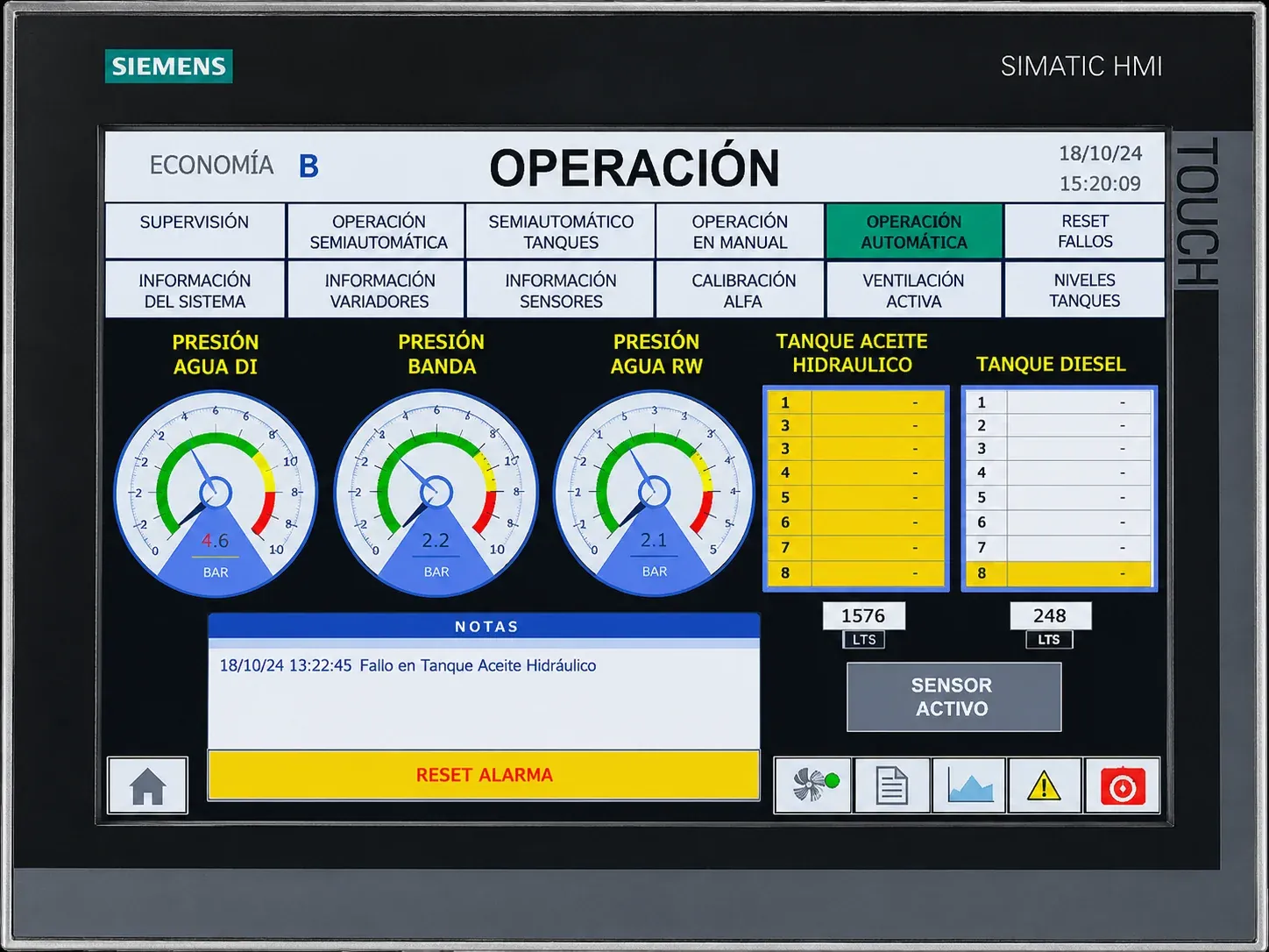 Interfaz HMI de operación de la cosechadora de sal